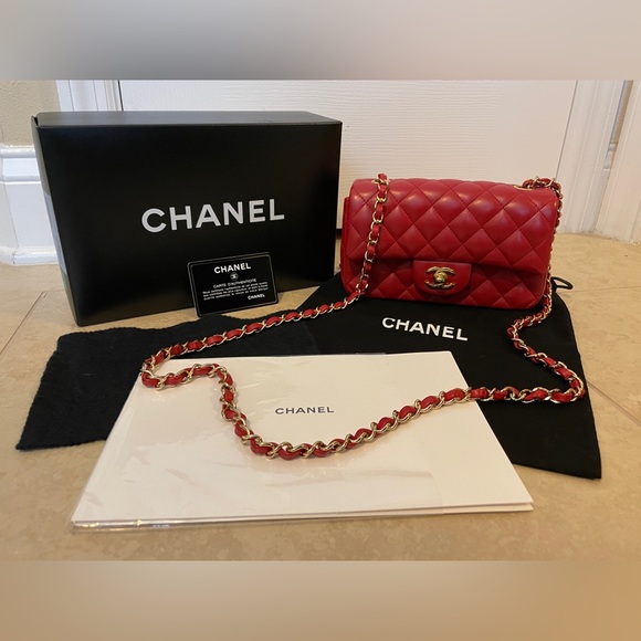 CHANEL Handbags - CHANEL Red Mini Rectangular Lambskin with Gold Hardware